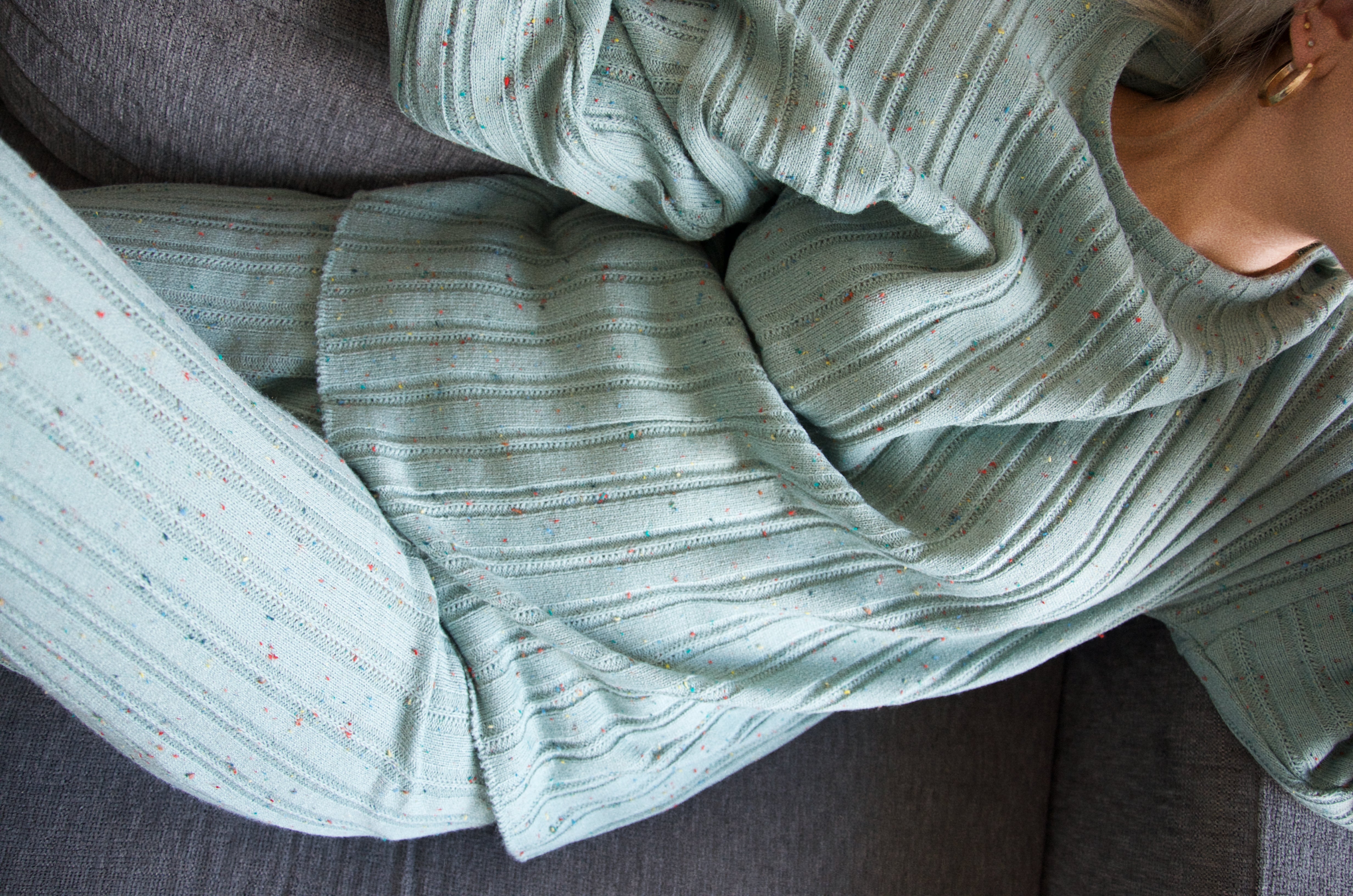 loungewear knit top, front side, details, texture, aqua colour, close up