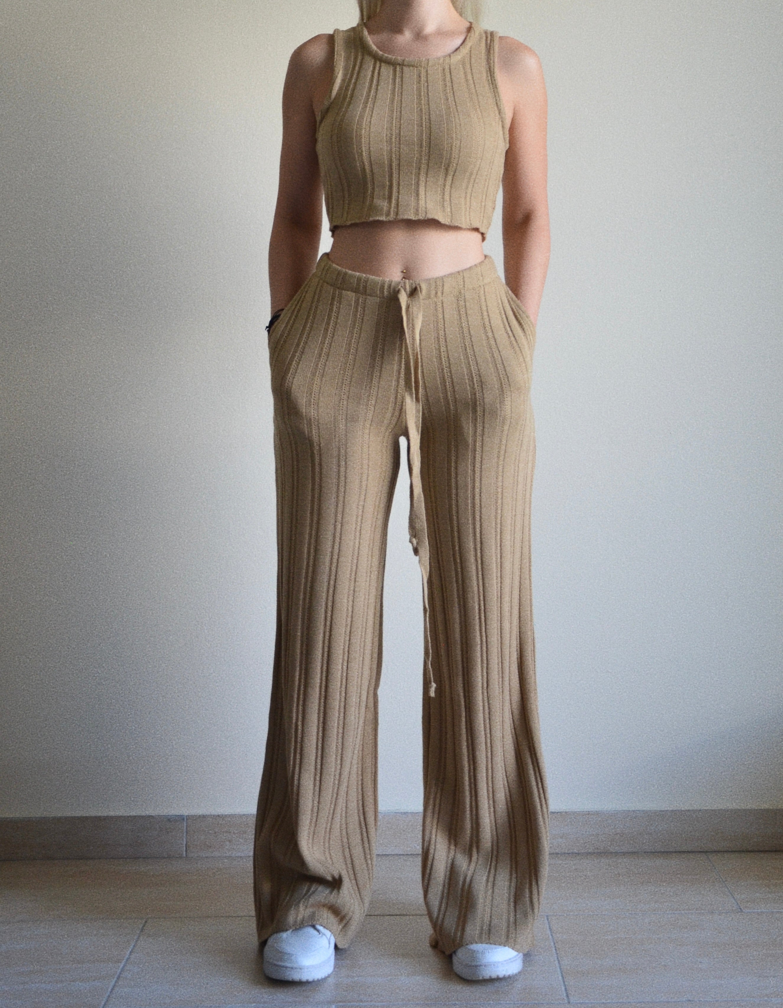 loungewear knit crop top, front side, texture, beige colour